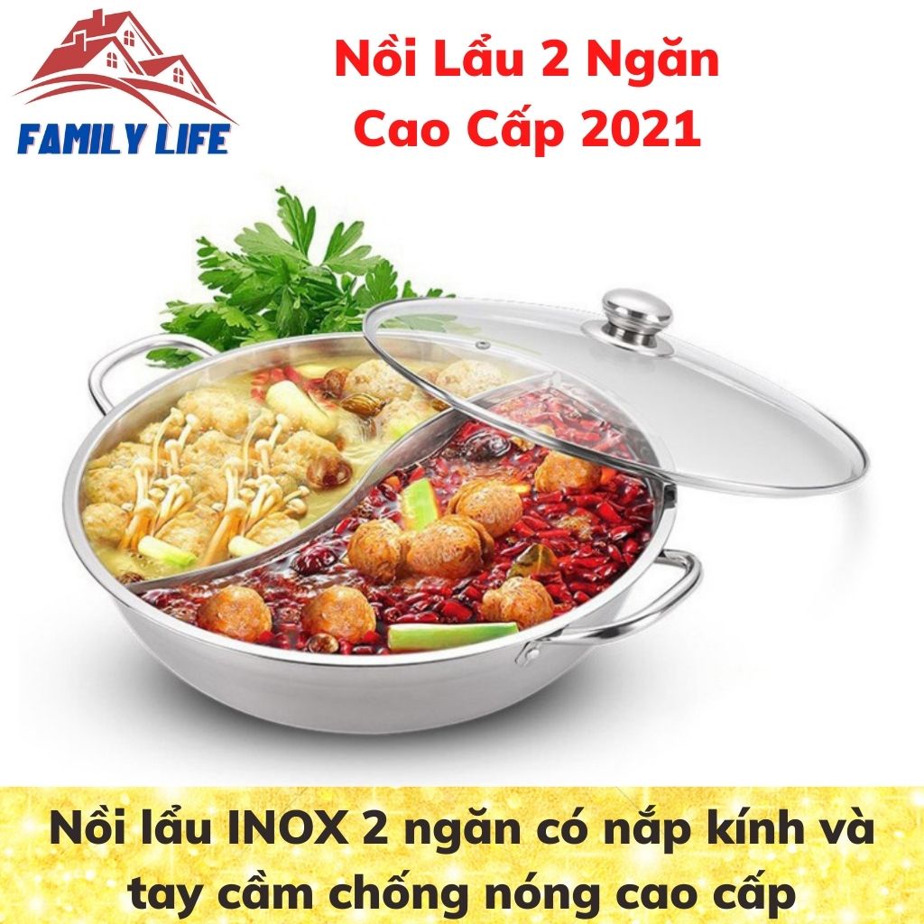 Nồi lẩu INOX loại lớn 32cm/30cm 2 ngăn có nắp kính và tay cầm chống nóng cao cấp dùng được bếp từ và mọi loại bếp