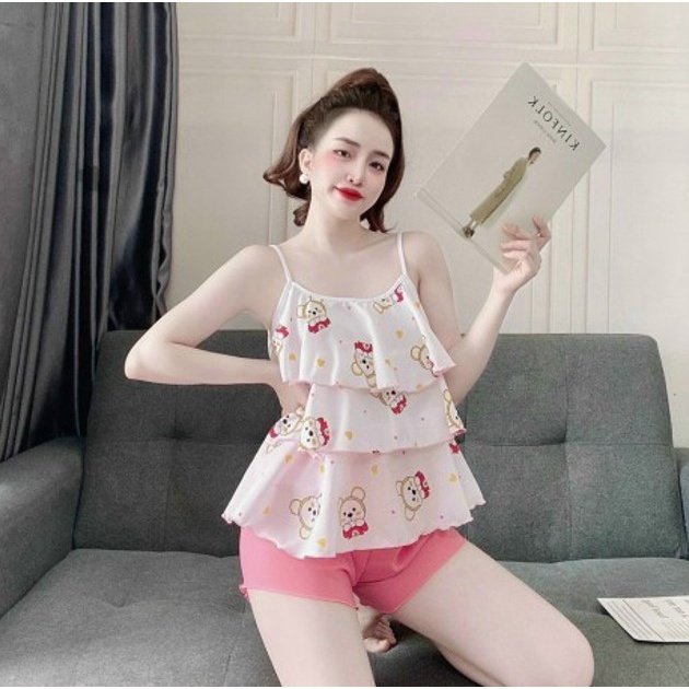 Đồ bộ 2 dây 3 tầng quần đùi - Đồ bộ kate đùi - Đồ bộ nữ - Đồ bộ mặc nhà