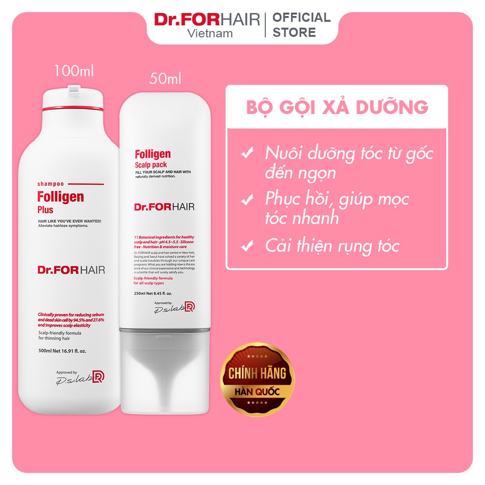 Bộ gội xả dưỡng tóc, giảm rụng, hỗ trợ mọc tóc và giảm gàu Dr.FORHAIR Folligen Plus 500ml x Scalp pack 250ml