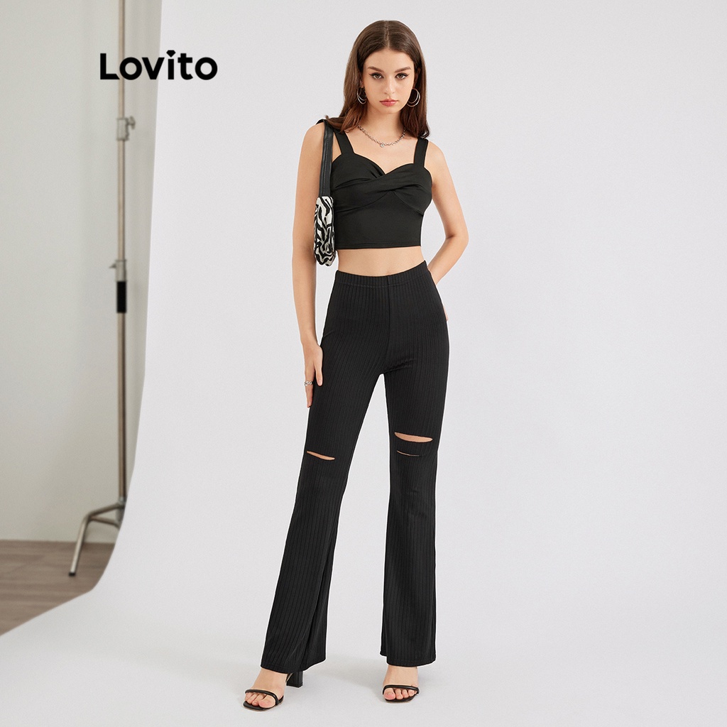 [Hàng có sẵn] Lovito Quần ống suông trơn trơn L30ED063 (Đen)