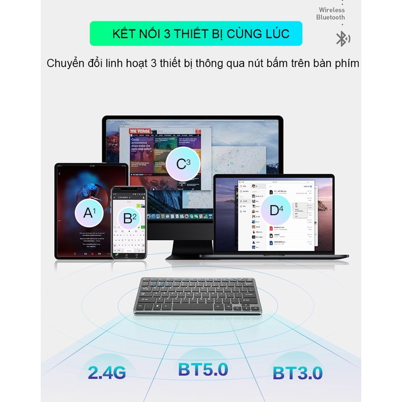 Bàn phím bluetooth không dây YINDIAO V780B 3 chế độ kết nối phù hợp máy tính bảng, laptop, tablet, điện thoại