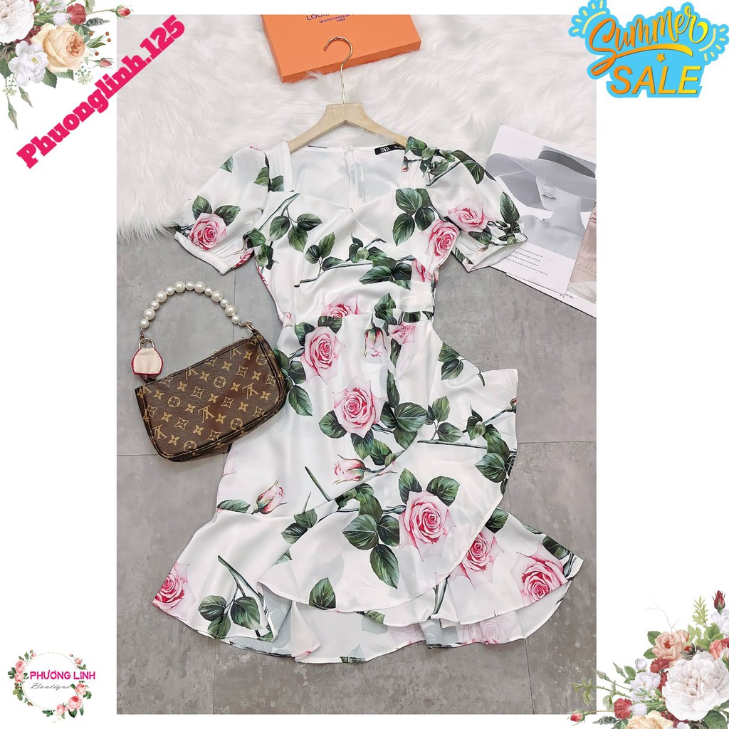 VÁY TRẮNG HOA HỒNG VẠT BÈO ĐUÔI CÁ | BigBuy360 - bigbuy360.vn