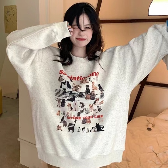 ZHELIHANGFEI Áo Sweater Tay Dài Cổ Tròn Dáng Rộng In Họa Tiết Xinh Xắn