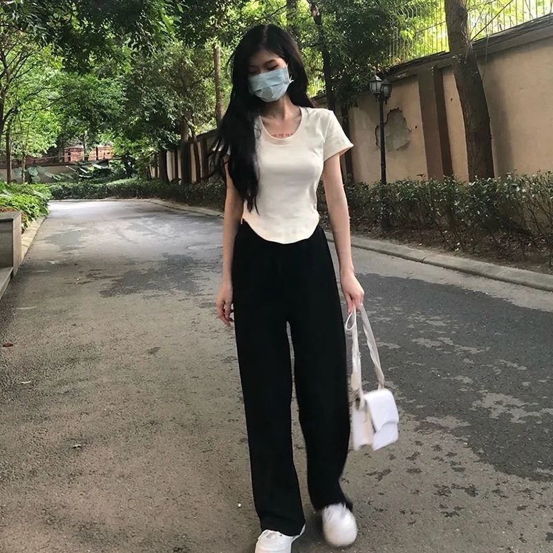 Set Áo Thun Ngắn Tay Và Quần Dài Ống Rộng Thời Trang Mùa Hè Mới Cho Nữ