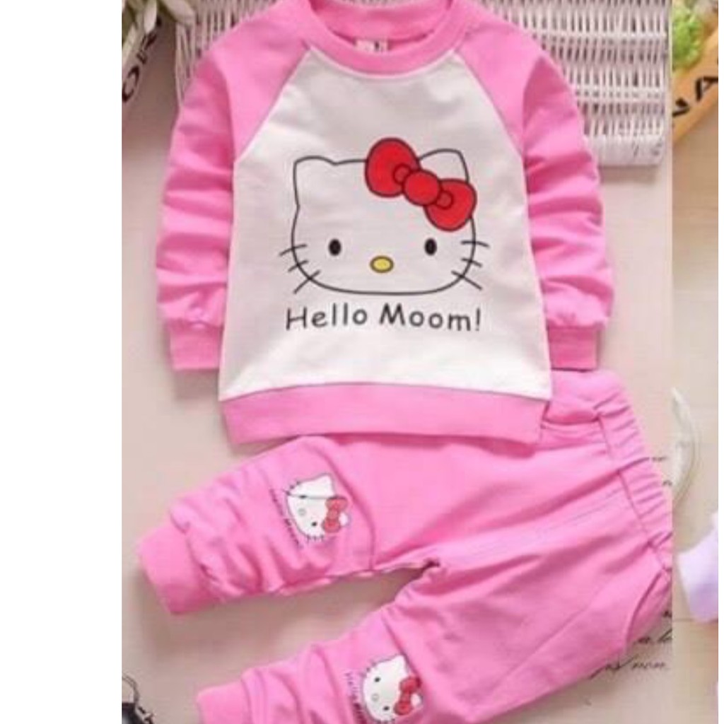 Bộ Dài Quần Áo Thu Đông Hình Kitty Cho Bé Gái Chất Vải Cotton