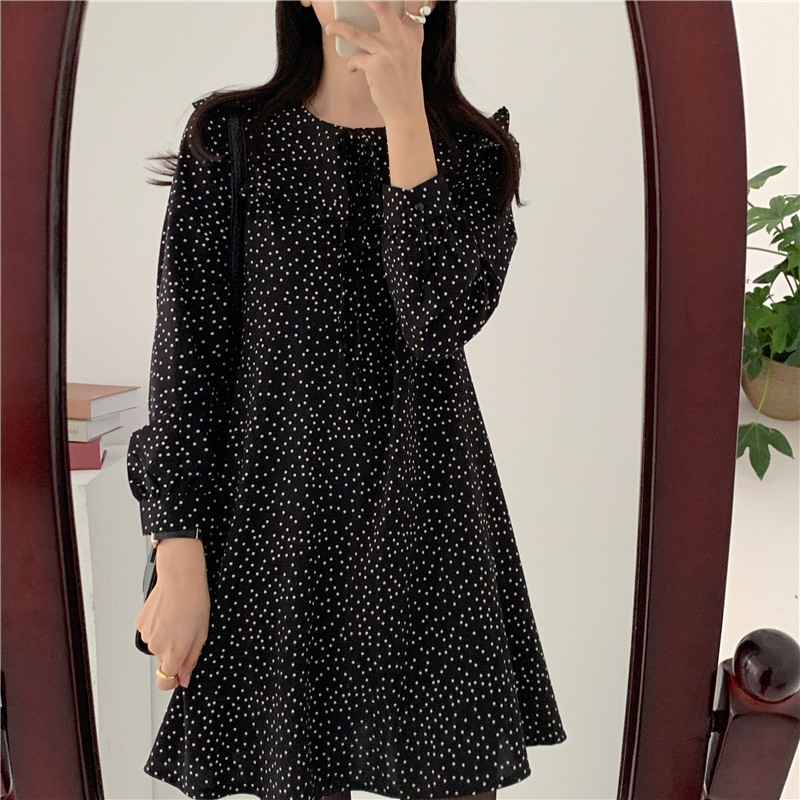 SUXI NEW Đầm Midi Dài Tay Họa Tiết Chấm Bi Xinh Xắn Dành Cho Nữ