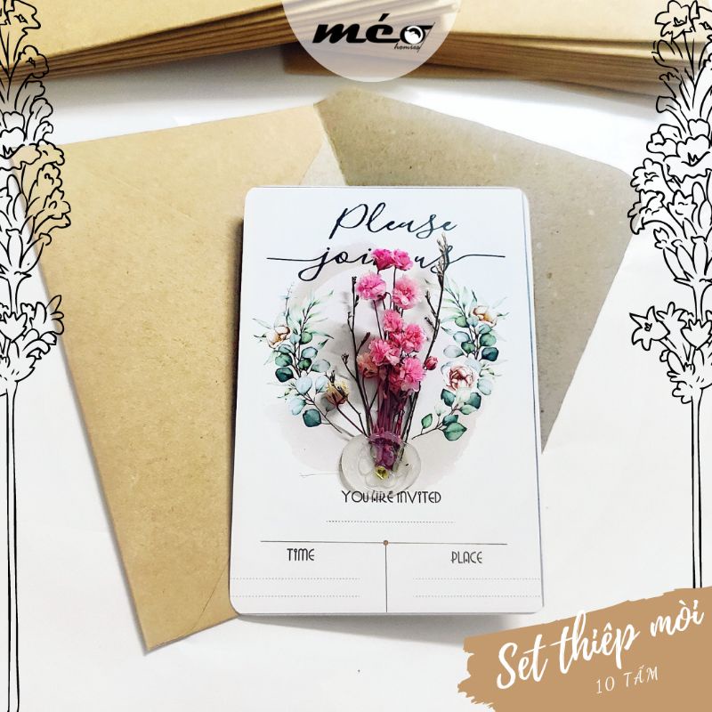 Set 10 THIỆP MỜI HOA KHÔ Mini + dấu sáp mời dự tiệc sinh nhật, lễ kỉ niệm, sự kiện khai trương, party ăn mừng