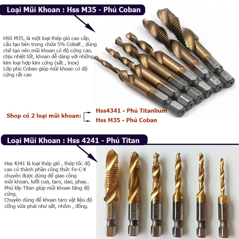 Mũi khoan taro ren phủ Coban từ M3 đến M10 HSS-M35. Mũi tạo ren chuôi lục giác chuẩn 6.35mm