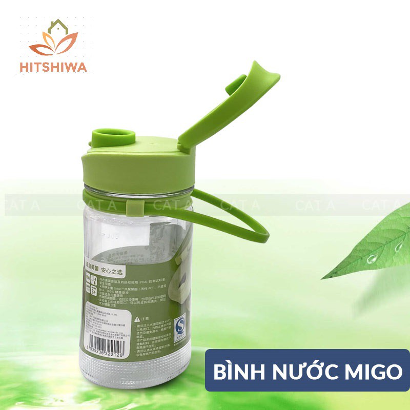 Bình đựng nước bằng Nhựa BPA FREE MIGO Cao cấp - An toàn, trong suốt, có rây lọc, quai - 380ml - 1784