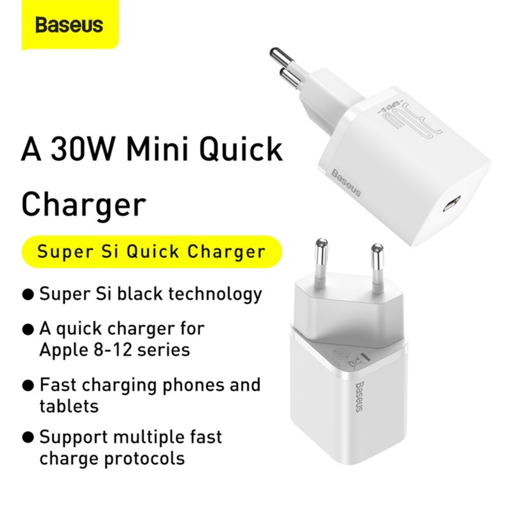 Bộ Sạc Nhanh Baseus Super Si 20w - Chân Cắm Type C Hỗ Trợ Cho Các Dòng Điện Thoại - Củ Chân Tròn, Cáp Sạc 1m -Chính Hãng