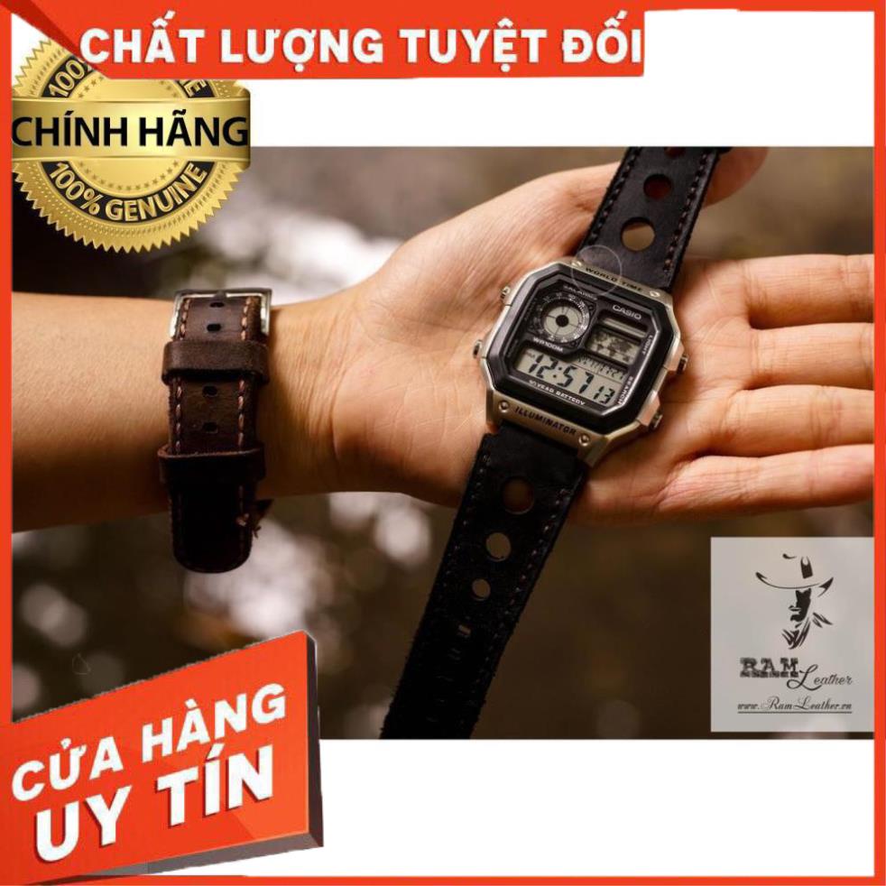 Dây Đồng Hồ Casio Ae 1200 / Seiko 5 - Ram D2 Đen - Thoáng Khí 3 Lỗ Da Bò Thật +