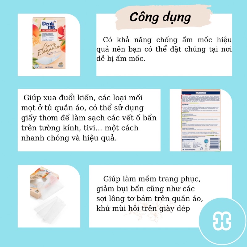 Giấy thơm quần áo Denkmit Cosy Elegence hương thơm tươi mát, ngọt ngào, giấy thơm dùng cho máy sấy chính hãng Đức