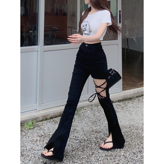 Quần Dài Lưng Cao Màu Đen Thiết Kế Xẻ Rách Cá Tính