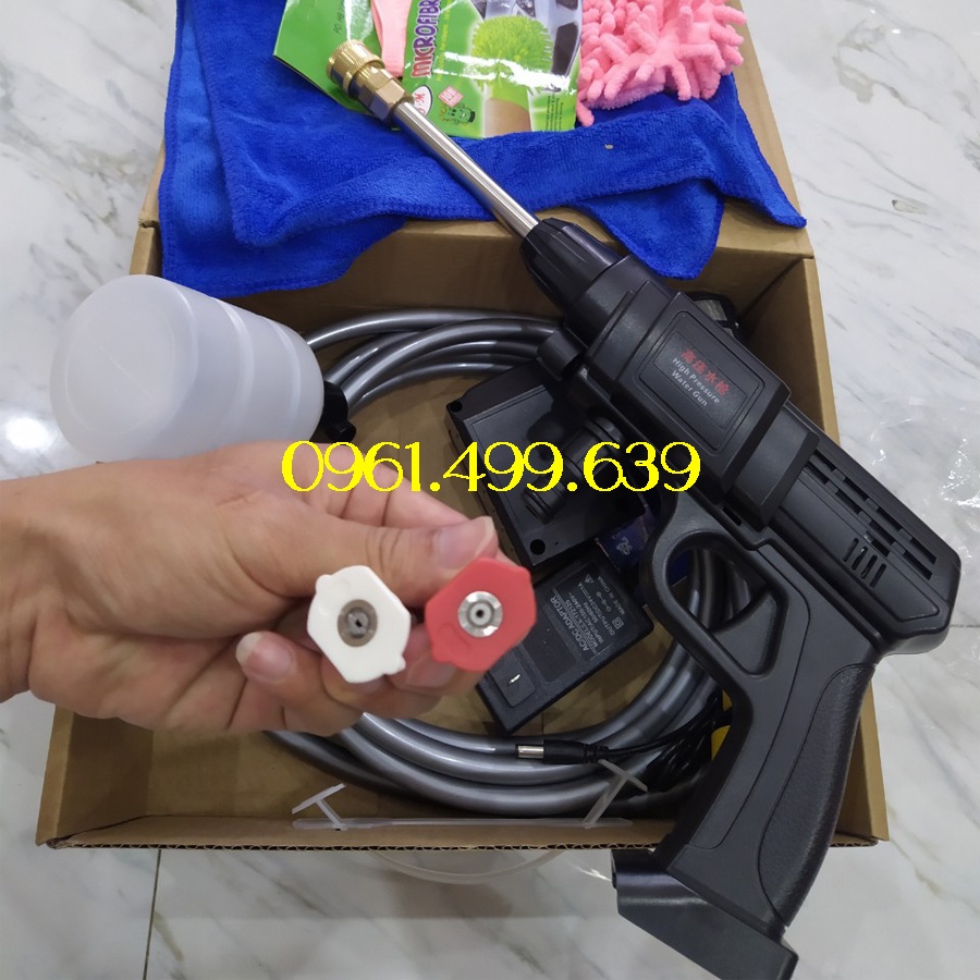 Máy Rửa Xe Dùng Pin Áp Lực Cao Loại 1 - Tặng khăn lau và bao tay, bảo hành 12 tháng