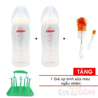 2 Bình sữa Pigeon cổ rộng nhựa PP 330ml + cọ rửa bình sữa Tặng 1 giá úp bình sữa