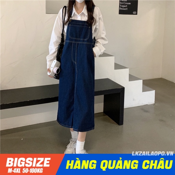 BIGSIZE Nữ (45-100kg) Đầm yếm denim dáng rộng dài thiết kế trẻ trung cá tính - quần yếm jeans bò nữ Hàn Quốc cho người mập béo 45-100kg