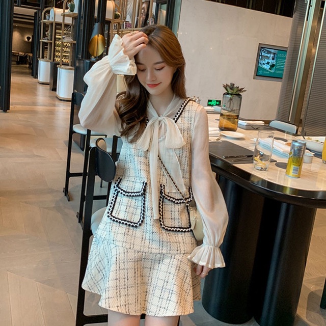 SẴN  Set váy dạ + áo voan chiffon tiểu thư
