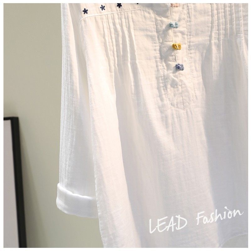 Áo Sơ Mi Cotton Lanh Dáng Rộng Màu Trắng Cài Nút Thời Trang Cho Nữ