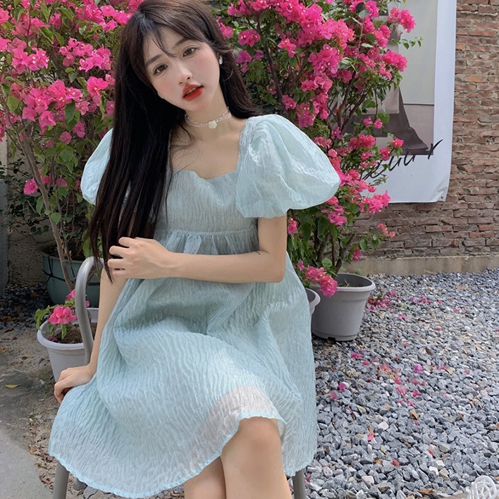 Đầm chiffon ZHELIHANGFEI tay ngắn màu đơn sắc phong cách mới thời trang cho nữ