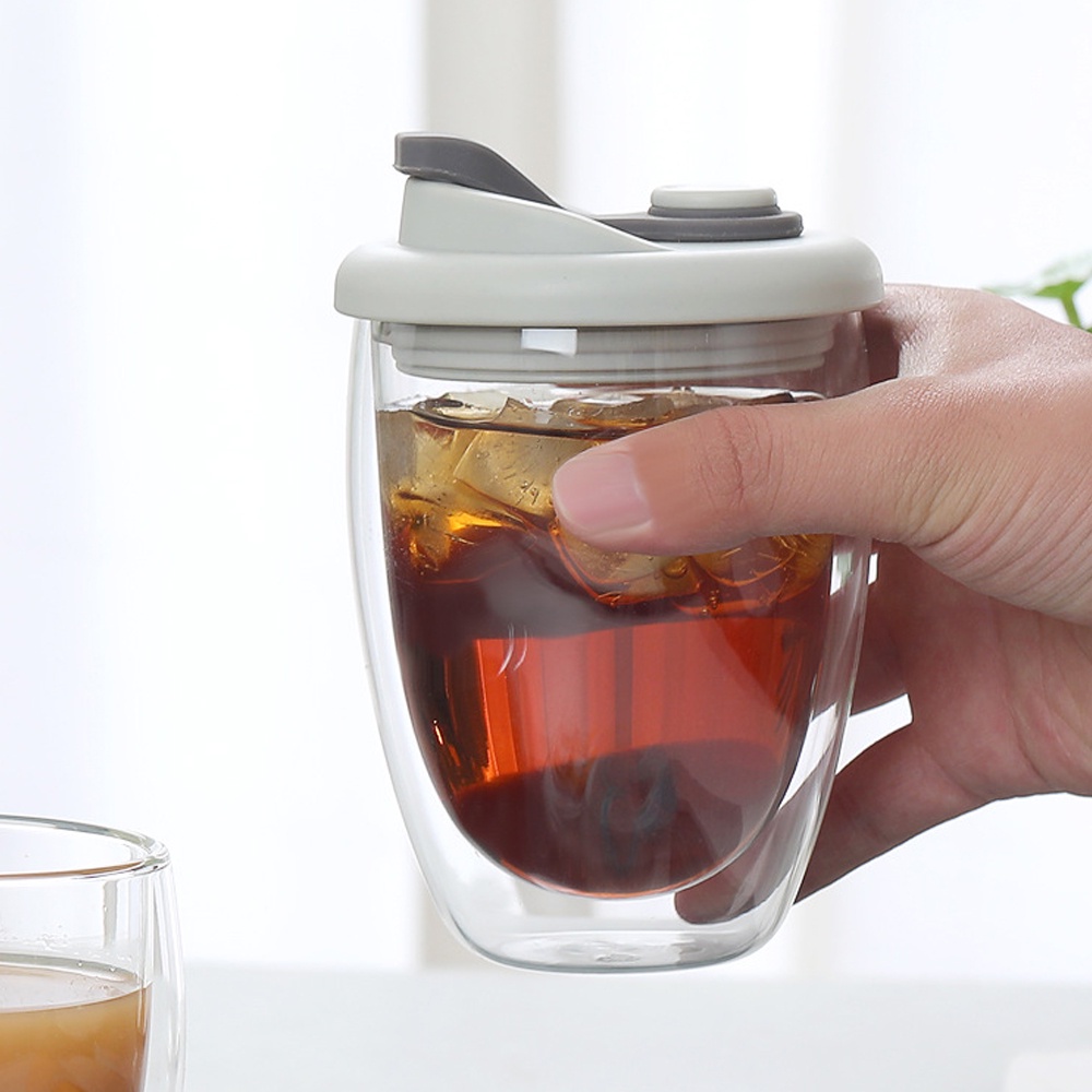 Cốc Thủy Tinh Hai Lớp Cách Nhiệt Có Nắp Dung Tích 250ml / 350ml / 450ml