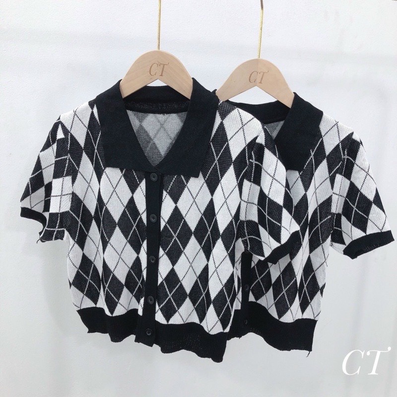Áo len polo croptop kẻ caro Hàn Quốc/ Áo len nữ cộc tay cổ bẻ dáng croptop