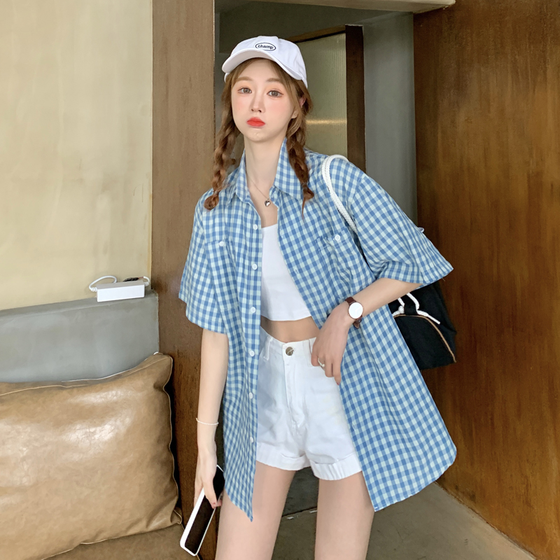 SUXI Áo sơ mi ca rô ngắn tay phong cách thời trang dành cho nữ