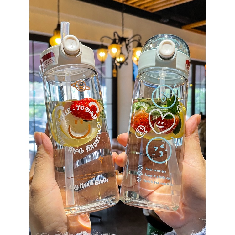Bình nước thủy tinh có nắp kèm ống hút họa tiết hoạt hình dễ thương chịu nhiệt cho học sinh