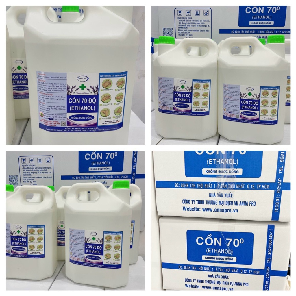 (HỎA TỐC) CỒN Y TẾ 70 ĐỘ CAN 5L  ANNAPRO, SÁT KHUẨN RỬA TAY TRỨC TIẾP, HÀNG CHÍNH HÃNG CÓ GIẤY TỜ KIỂM NGHIỆM