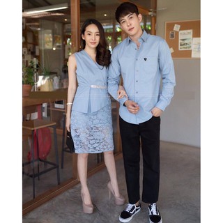 Áo ĐÔi Set áo váy sơ mi đôi nam nữ màu xanh cao câp phong cách hàn quốc(có ảnh thật)