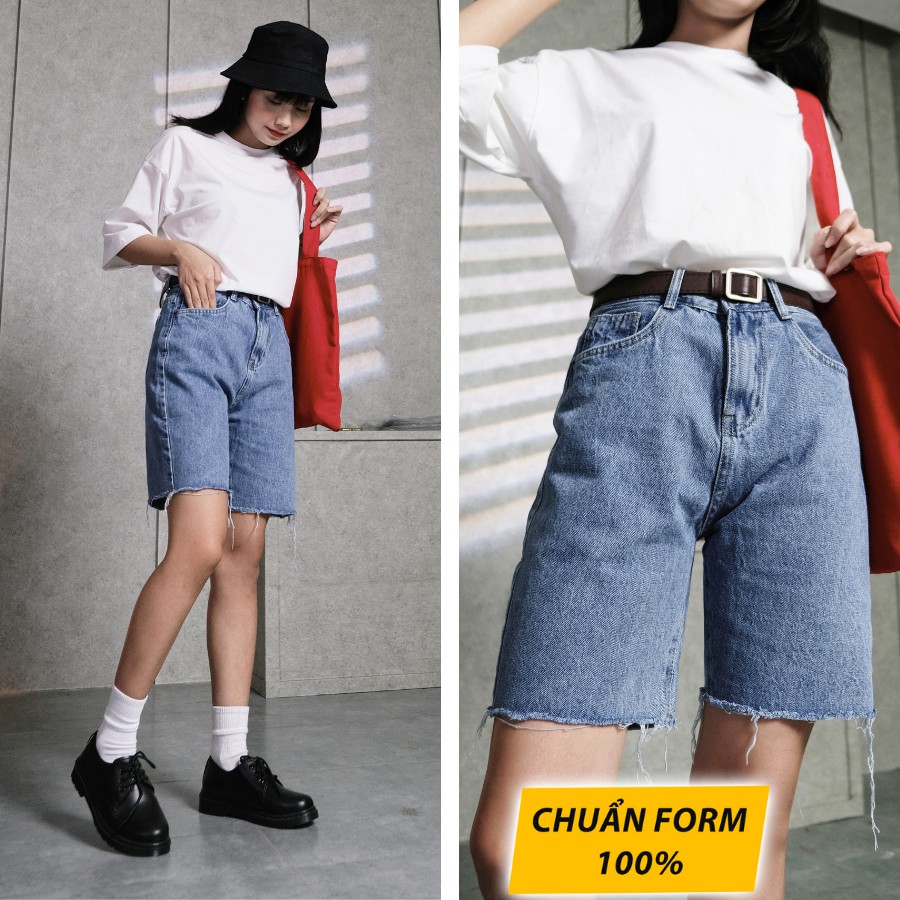 Quần Short Jean Nữ Trơn Cạp Cao Dáng Rộng Chất Quần Bò Dày Dặn Thương Hiệu GUF