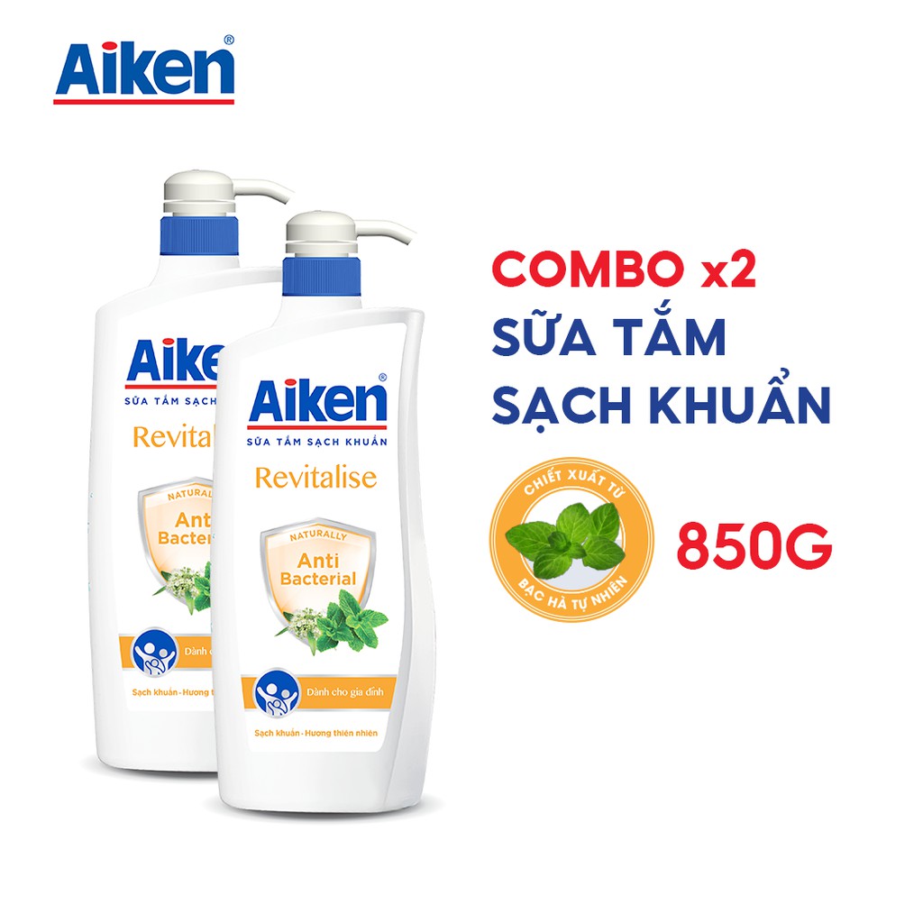 [25.04 Mã FMCGMALL -8% đơn 250K] Aiken Combo 2 Sữa tắm Sạch khuẩn Chiết Xuất Bạc Hà 850g/chai