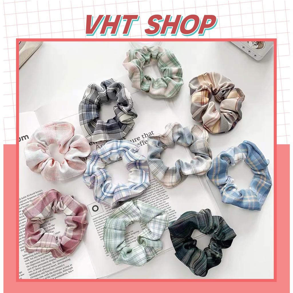 Dây buộc tóc scrunchies, dây cột tóc chun buộc tóc nữ kẻ phồng dễ thương thời trang Hàn Quốc SC05 - VHT SHOP