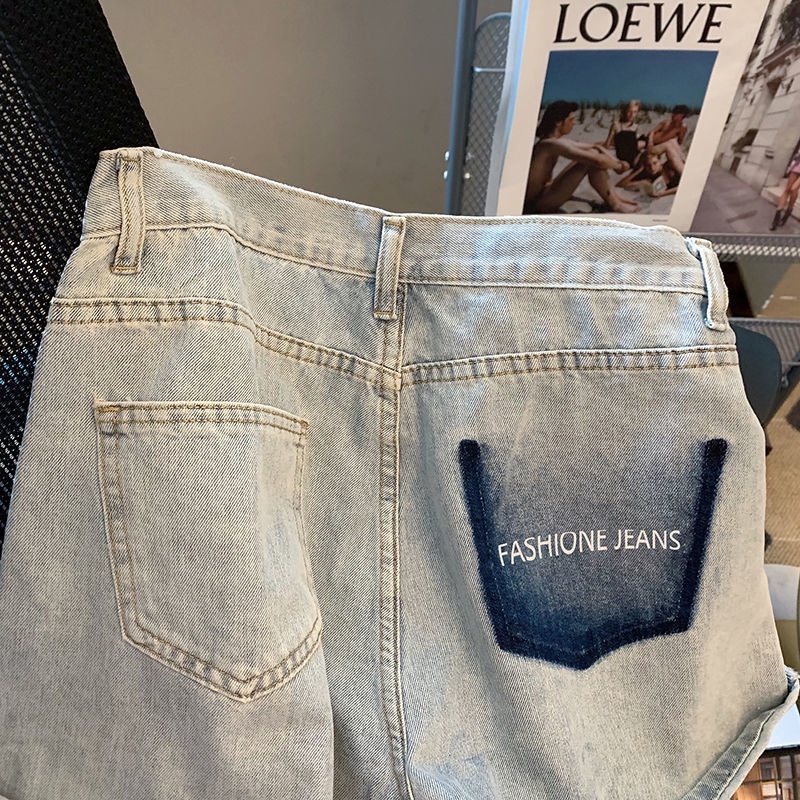 Quần Short Denim Lưng Cao Ống Rộng Dáng Chữ A Màu Sắc Tương Phản Thời Trang Mùa Hè Cho Nữ