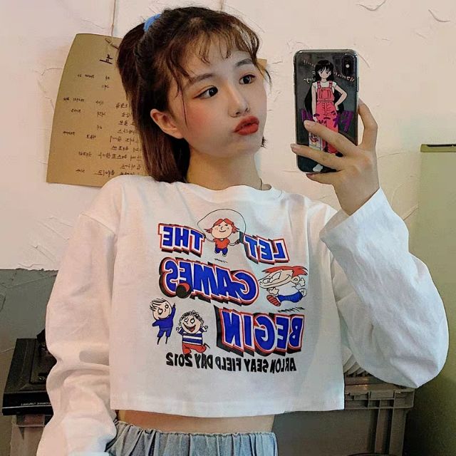 Áo croptop tay dài, áo croptop, áo kiểu, áo nữ, áo hở bụng, áo croptop dễ thương