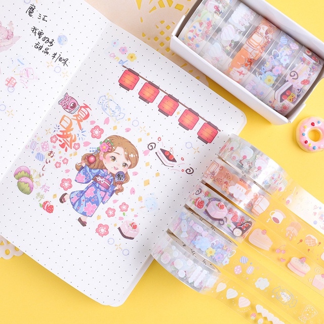 5 Cuộn băng dán washi họa tiết hoạt hình dễ thương trang trí đồ thủ công