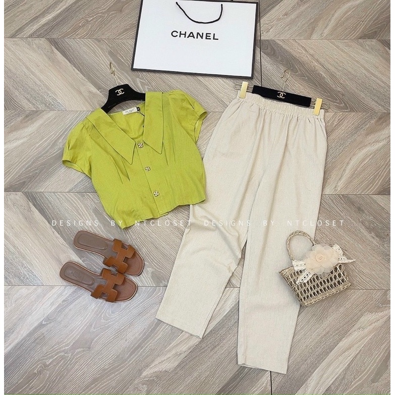 Set linen áo xanh cốm