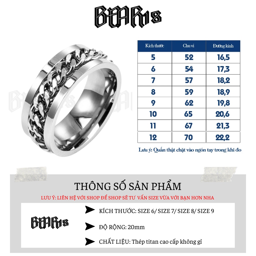 [ FULL SIZE ] Nhẫn bạc dây xích thép titan không gỉ phong cách hiphop unisex phù hợp cho nam nữ BEAR18