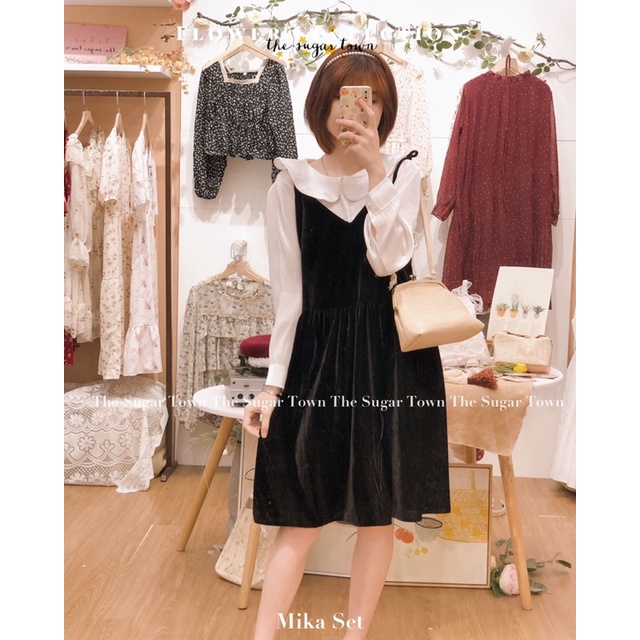 Set váy nhung kèm áo sơ mi bèo Mika dress by Sugar Town