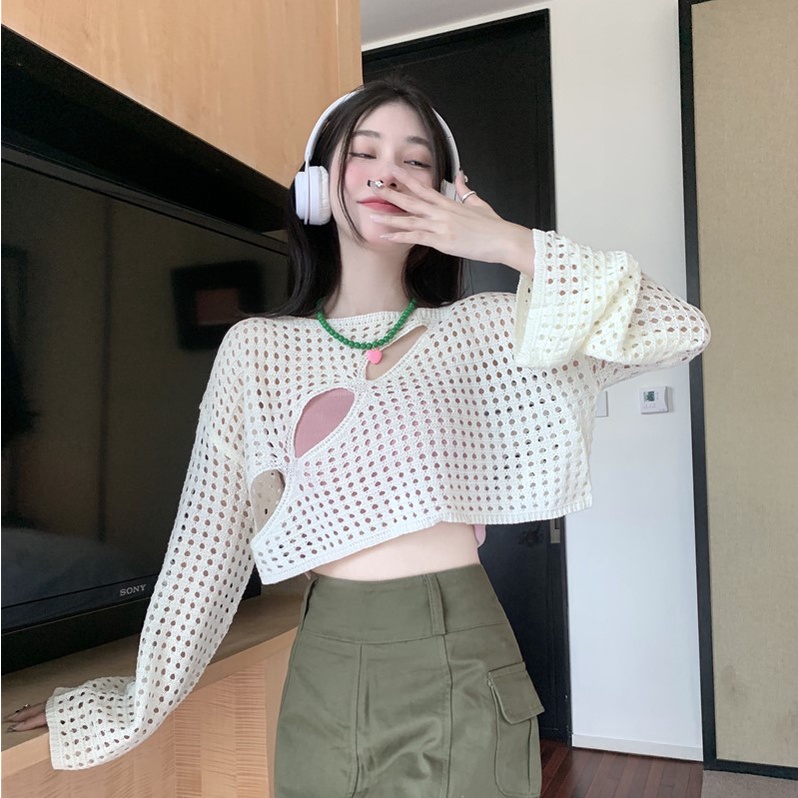 Áo croptop nữ Leeva Shop vải len đan xẻ cách điệu A386