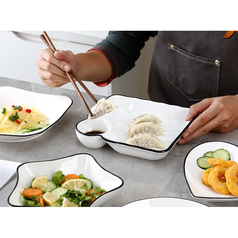 Đĩa sứ trắng viền đen phong cách Bắc Âu các form