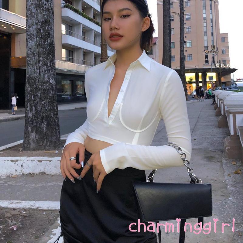 Áo Sơ Mi Thân Ngắn Tay Dài Màu Trơn Cài Một Hàng Khuy Gợi Cảm Cho Phụ Nữ