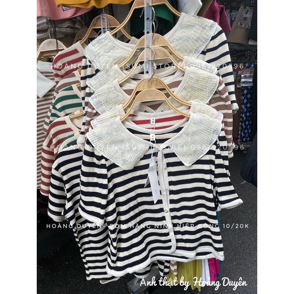 Áo pull kẻ ngang tay ngắn cổ viền bèo phong cách Hàn Quốc
