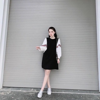 Váy suông tay bồng phối kẻ