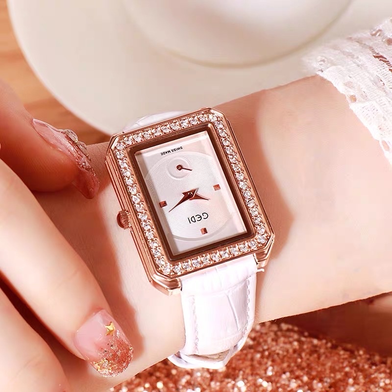 Đồng hồ nữ, GEDI mặt đính đá dây da bền đẹp sành điêu siêu xinh kích thước mặt đồng hồ 28mm