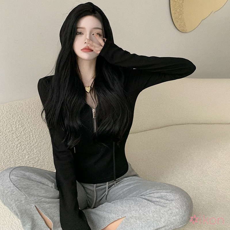 Áo Thun Có Mũ Trùm Và Khóa Kéo Màu Sắc Đơn Giản Thời Trang Hàn Quốc Cho Nữ