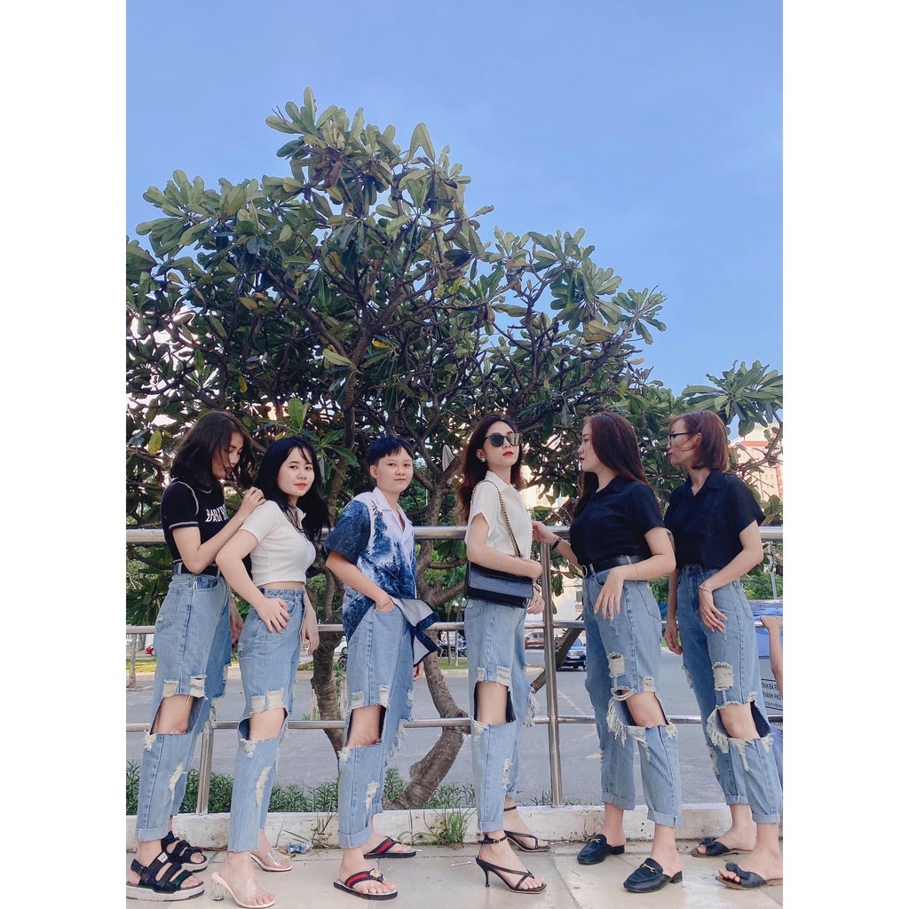 QUẦN BAGGY JEAN NỮ LƯNG CAO MÀU XANH NHẠT RÁCH TE TUA CAO CẤP HADI-NL137