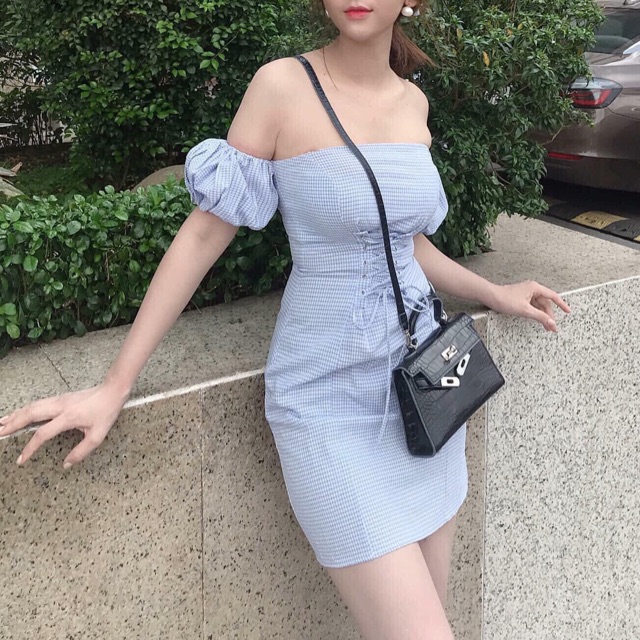 Đầm trễ vai đan dây eo rút bụng form A