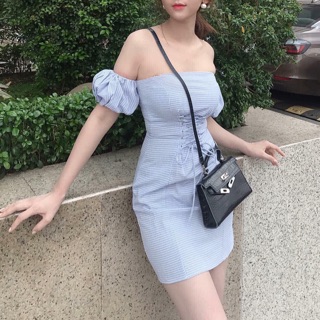 Đầm trễ vai đan dây eo rút bụng form A