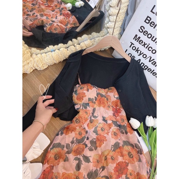 SET ĐẦM HOA CAM 2D + ÁO KHOÁC CROPTOP