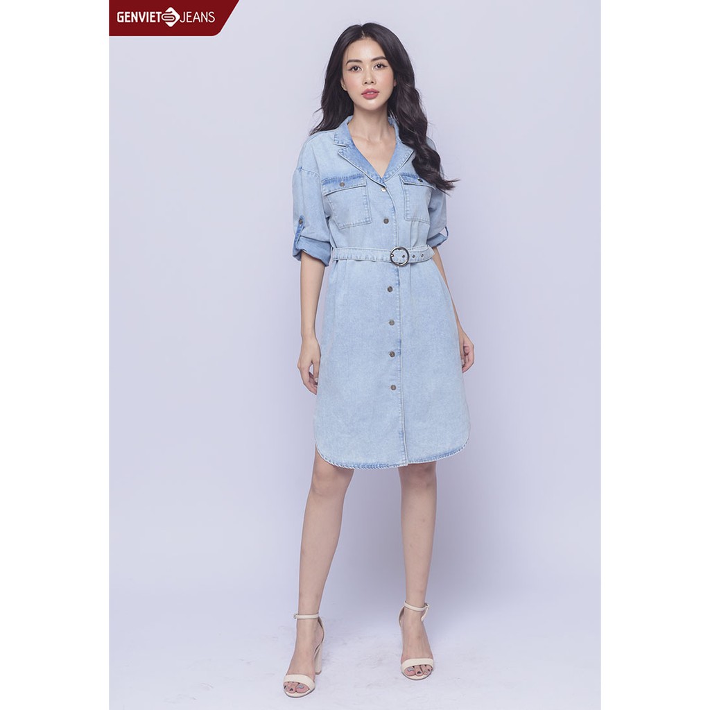 [Mã FASHIONMALLT4 giảm 15% đơn 150k] Đầm Jeans Nữ Phối Hai Túi Ngực TD323J1303 GENVIET